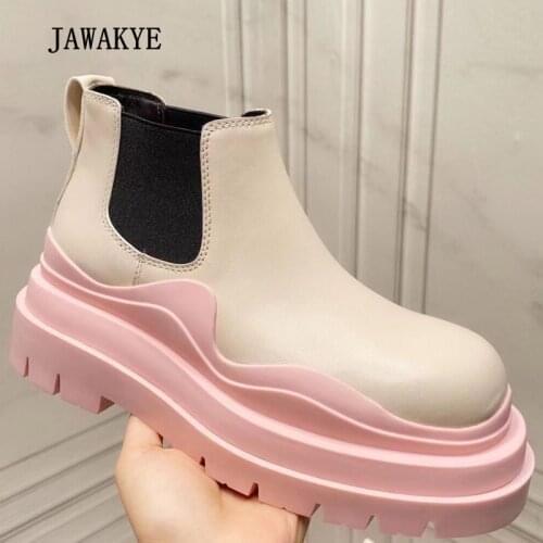 New Cream Pink Platform Women Short Boots Thick Sole Heightened Chelsea Boots Real Leather Round Toe 2021 Autumn Knight Booties