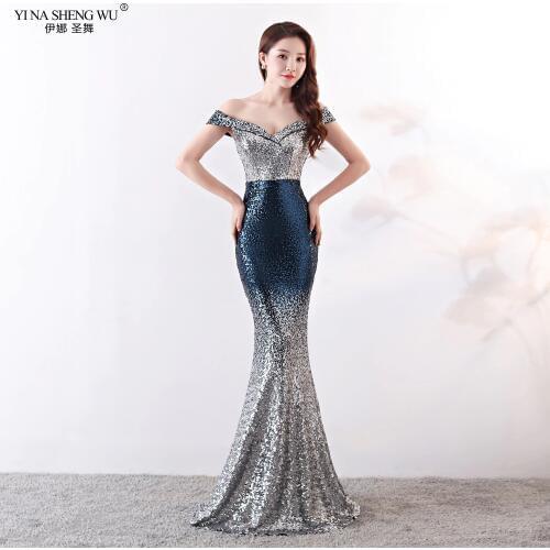 New Elegant Sequined Mermaid Long Gown Slim Sexy Slash Neck Color Fade Formal Women Dress For Wedding Party Robe De Soriee