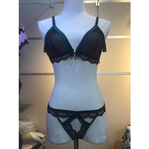 Wriufred Sexy mesh lace bra briefs set without steel ring underwear ultra-thin see-through women front button lingerie set green