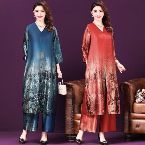 Simulation Silk Printing Large Size V Neck Full Sleeve Fashion Soft Dress+Casual Wide Leg Pants Two-Piece Suit Female