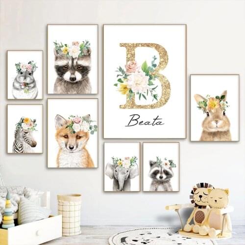 Custom Baby Name Poster Print Personalized Nursery Canvas Painting Flower Animals Wall Art for Baby Girl Room Home Decor Picture