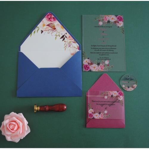 10pcs customize print flowers acrylic Burgundy wedding invitation card,match envelope flower wholesale and retailers