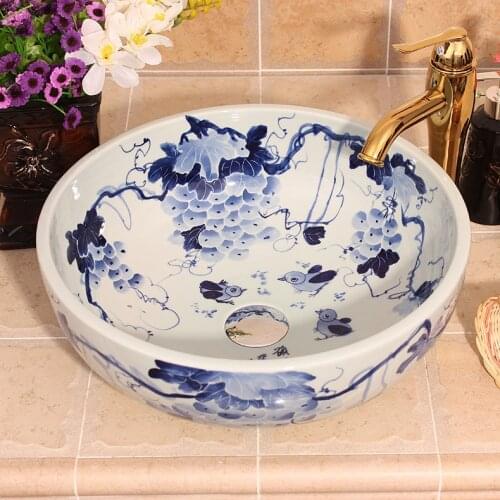 Handmade Blue and white Art wash basin Ceramic Counter Top Wash Basin Bathroom Sinks art porcelain basin sink