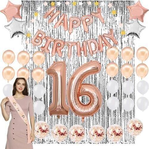 Sweet 16th Party Decoration Rose Gold Balloon Background Decoration 16 Aluminum Film Ballon Happy Birthday Party Supplies PAT72