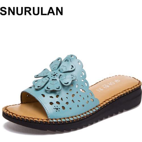 SNURULAN Genuine Leather Women Slippers Summer Sandals Wedge Shoes Casual Woman Solid Solid Lace Up Woman Zapatos Mujer Slippers