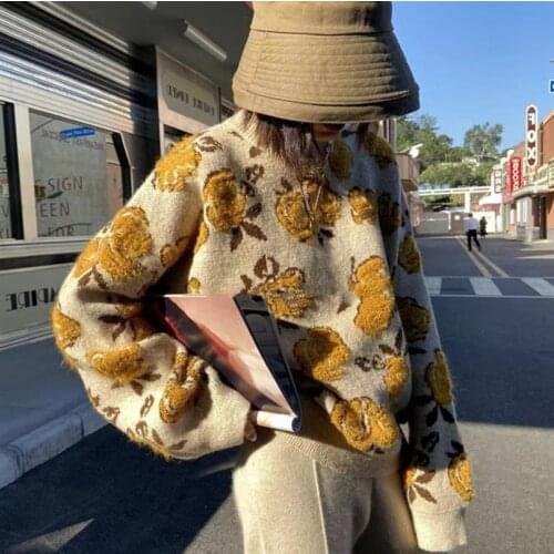 QingWen Autumn Korea Fashion Women New Retro Flower Round Neck All-Match Printing Pattern Loose Sweater Outerwear Coat kpytomoa