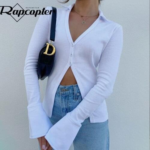 Rapcopter White Knitted T Shirt Button Long Sleeve Crop Top V Neck Fashion Knitted Tshirt Women Vintage Harajuku Tee Streetwear
