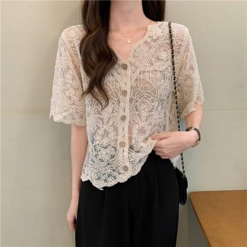 #8275 Lace Shirt Women V Neck Sexy Hollow Out Short Tops Shirt Femme Single Breasted Retro Slim Women Shirts Short Sleeve Summer