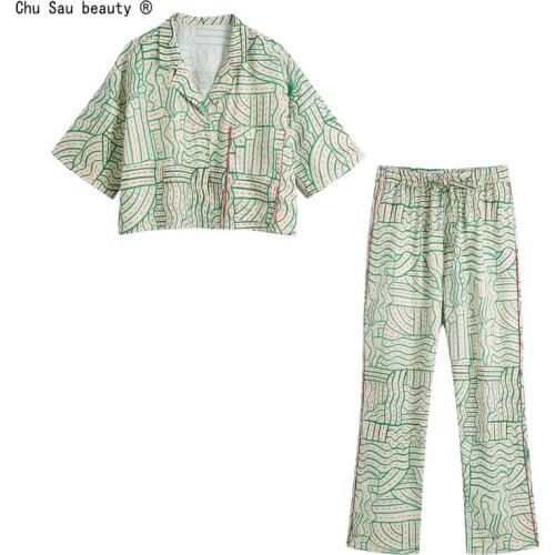 2021 Summer New Women Vintage Printed Lapel Short-Sleeved Shirt + Elastic High-Waist Lace-Up Casual Flared Pants Loose Fashion