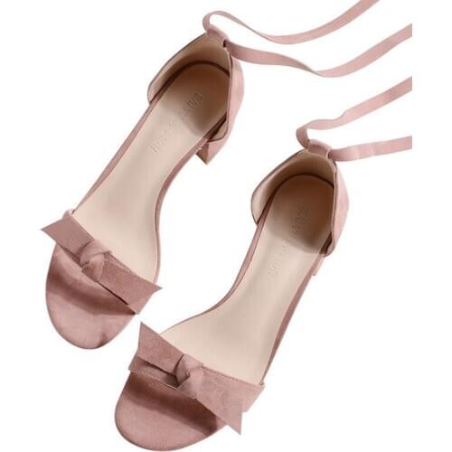 Women Sandals 2020 Summer Shoes Woman 6.5CM Square High Heels Solid Faux Suede Flock Ankle Warp Slippers Lady Wedding Sandals