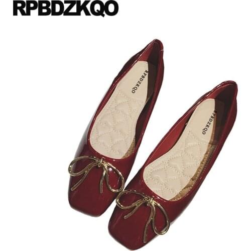 2021 Chinese Patent Leather Square Toe Red Wine Slip On Ladies Black Fashion Shallow Bow Blue Women Designer Shoes China Flats