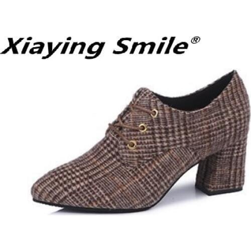 Xiaying Smile Spring and Autumn Black and White Lattice shoes with Deep-mouthed low-heeled women shoes