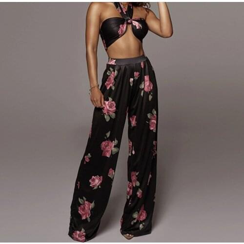 Two Pieces Set Bandage Set Evening Party Sexy Fashion Outfit Summer Women Flower Print Lace-Up Top Wide-Leg Pants Suit Boho
