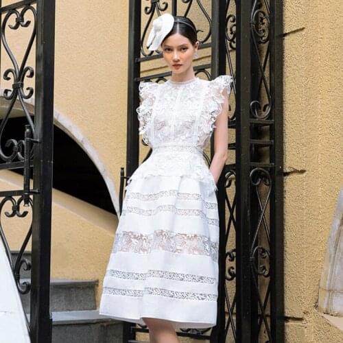 Embroidery Fashion Flying Sleeves Women Strawberry Dress Elegant White Color Bodycon Slim Hollow Out Party Dress Lady Vestido