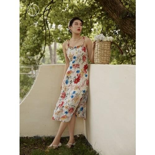DUSHU Split Hem French Flower Suspender Skirt 2021 Summer New Chiffon Dress Sweet Square Collar Red Dress Clothes