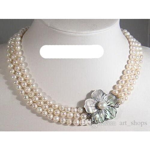 3 Rows Real White Pearl new Shell Flower Clasp Necklace