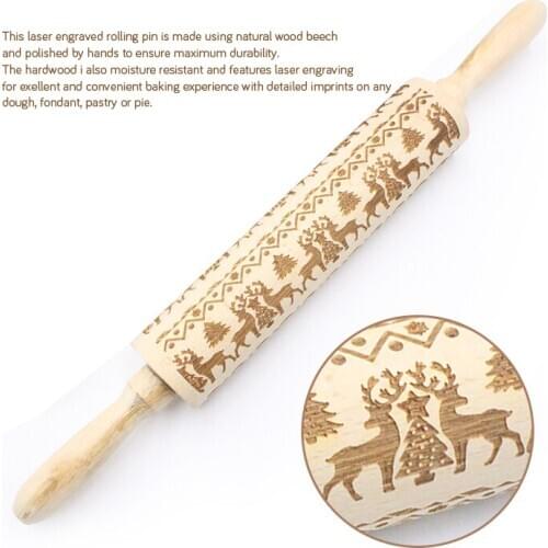 35x4.5cm Wooden Christmas Rolling Pin snowflake Reindeer Embossed For Baking Cookie Biscuit cake Laser engraving kitchen tools