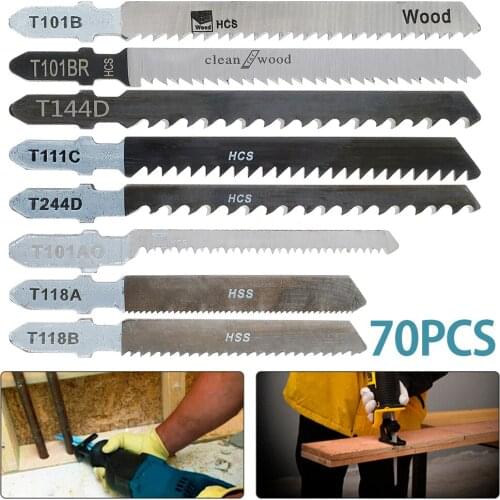 70PCS JigSaw Blades for Wood Cutting HCS T-Shank Metal Wood Curve Cutting Tool Kits Assorted Blades Woodworking Tool Cutting