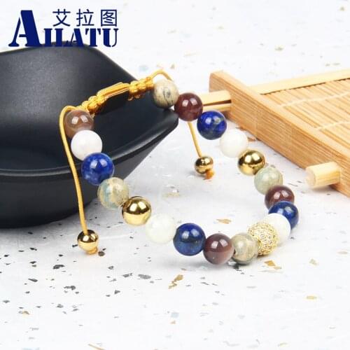 Ailatu Mens Beaded Luxury Macrame Bracelets with 8mm Natural Apatite Bosana Mix Stone Beads Top Quality Customizable Laser Logo