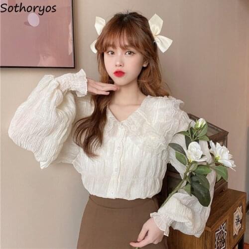Blouses Women Korean Fashion Solid Ruffles Sweet Kawaii Peter Pan Collar Simple Streetwear All-match Vintage Chic Chiffon New