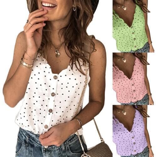 Women Casual V Neck Sleeveless Heart Print Buttons Camisole Blouse Bottoming Top V Neck Sleeveless Heart Blouse Bottoming Top