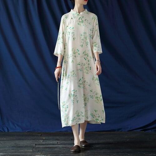 Johnature Women Chinese Style Dresses Stand Seven Sleeve Print Floral Cotton Linen Cheongsam 2021 Spring New Female A-Line Dress