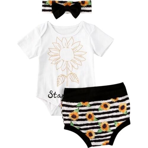 3 Pieces Suit Set for Kid Girls Sunflower Print Round Neck Short Sleeve Baby Romper + Pants + Headband White