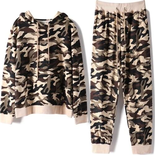 Spring Autumn Camouflage Tracksuit Two Piece Set Women Long-Sleeve Hooded Plus Size Pullover Clothes Casual Sweatshirts Female