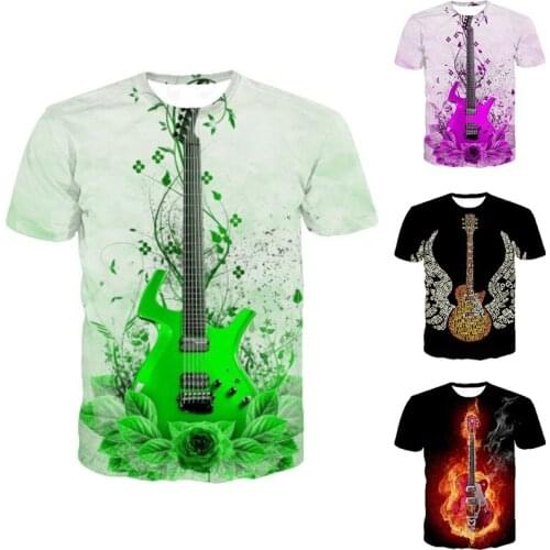 Summer Mens/Womens 3D Printing Cool Street T-shirt Guitar Printing Rock T-shirt Loose Hip Hop T-shirt XS-5XL