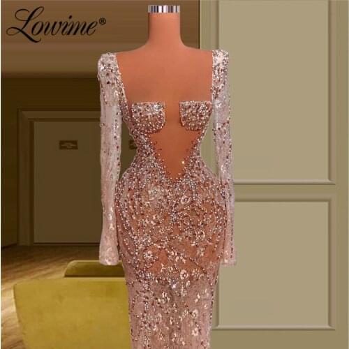 Lowime Illusion Long Sleeves Beading Mermaid Evening Dresses 2021Arabic Party Gowns Mermaid Dubai Middle East Women Evening Wear