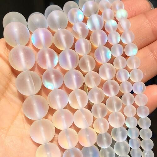 Frosted White Austria Crystal Glitter Moon Stone Beads Round Flash Shimmer Beads for Jewelry Making DIY Bracelet 15''6 8 10 12mm