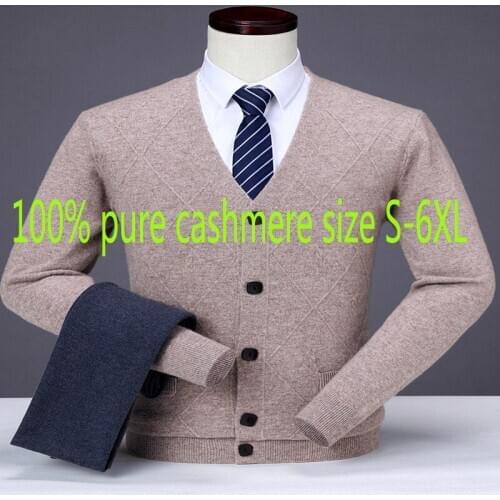 New High Quality Fashion Autumn Winter 100% Pure Cashmere Sweater Cardigan Men V-neck Computer Knitted Coat Plus Size S-5XL 6XL