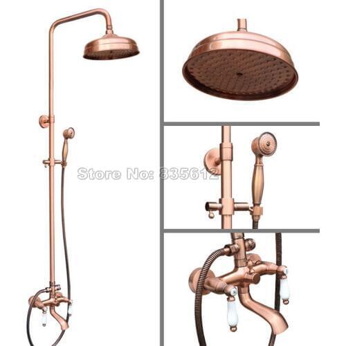 Bathroom Antique Red Copper Rain Shower Faucet Set + Handheld Shower + Dual Ceramic Handles Bathtub Mixer tap Wall Mount Wrg571
