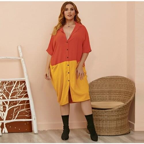 2021 Summer New Style Plus Size Womens Fashion Lapel Pocket Five-Point Sleeve Print Dress Long Color Contrast Shirt