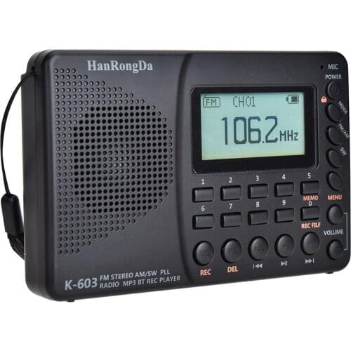 HRD-603 Portable Radio Digital AM/FM/SW/BT/TF Mini Radio USB MP3 Player Speaker Recorder Support TF Card Bluetooth Rechargeable