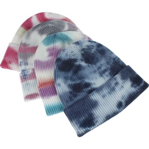 QCOOLJLY Winter Retro Tie Dye Cap Women Sports Hat Wool Hair Accessories Headwear Ornaments Beanie Skullies Bonnet