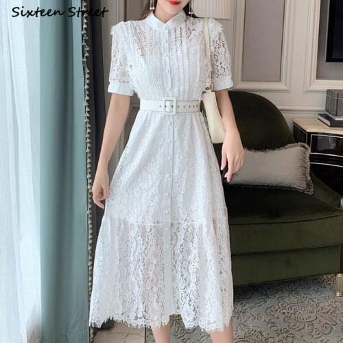 Luxury White Lace Dresses for Woman 2021 Summer Vintage Party Dress Bodycon Belt Short Sleeve Runway Design Self Dress Woman