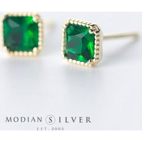 Modian Luxury Square Green Cubic Zirconia Stud Earrings 925 Sterling Silver Natural Stone For Women Wedding Fashion Jewelry