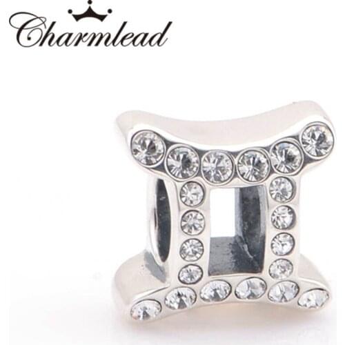 Charmlead 925 Sterling Silver Beads Gemini Zodiac Charm with CZ Fits Pandora Charms Bracelets Bead & Bangles DIY Jewelry