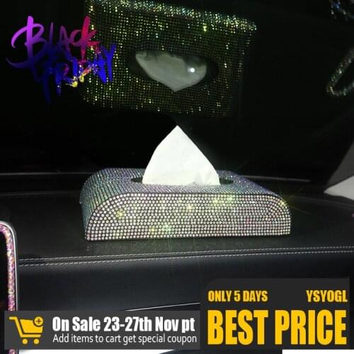 Full Diamond Car Tissue Box Holder Leather Luxury Rhinestone Paper Case Napkin Holder Car Accessories for Women Girls Blingbling