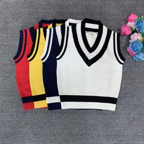 Sweater Vest Boys Patchwork V-neck Preppy Sleeveless Sweaters Boys Waistcoat Chic Outwear All-match Teens New Knitted Clothes