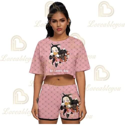 Anime Crop Top T Shirt Shorts Summer 2 Pieces Sets Women Clothes Sports Suit Fashion Female Tee Shorts Tracksuits