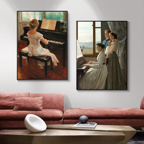 Vintage European Women Poster Scandinavian Wall Art Girl Playing The Piano Canvas Paintings Mural Pictures for Interior Home