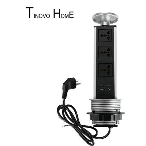 Pull Socket / Round Office Socket / aluminum alloy Kitchen Socket / 3-bit Universal Standard + USB Charging / Europe Plug Cable