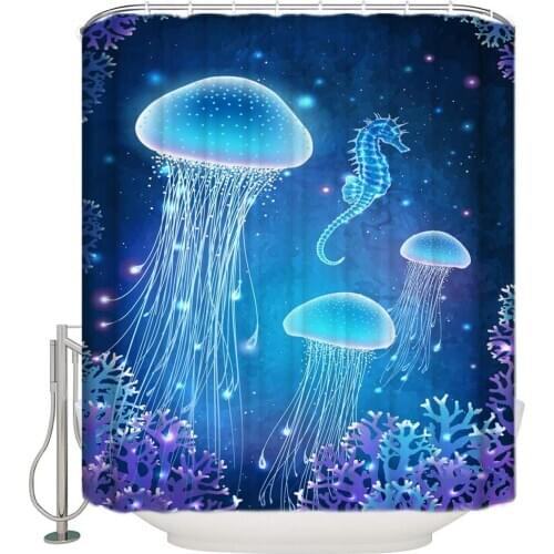 Jellyfish Seahorse Shower Curtains Dream Ocean Animal Coral Pattern Bathroom Decor Waterproof Polyester Cloth Hanging Curtain
