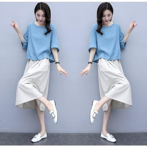 Summer Half Sleeve Loose T-shirt Top + Elastic High Waist A-Line Midi Skirt 2 Piece Women Cotton and Linen Casual Clothes Set