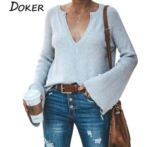 Deep V-neck Long Sleeve Pullover Sweater Women Autumn Flare Sleeve Solid Color Plus Size Loose Elegant Knitted Sweater