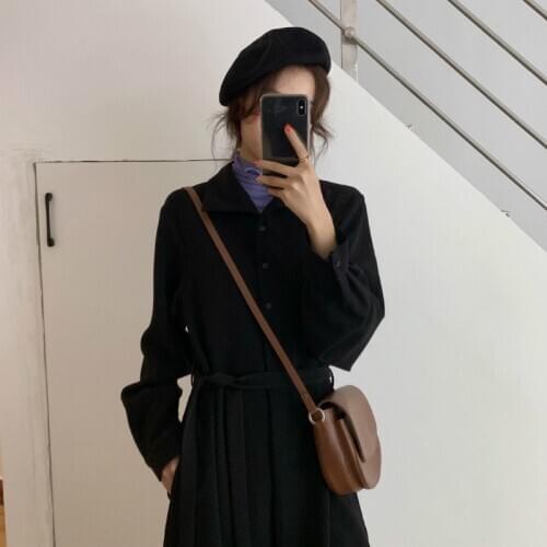 Women Spring Black Long Sleeve Chiffon Long Shirt Dress Elegant Turn-down Collar High Waist A-line Dresses with Buttons