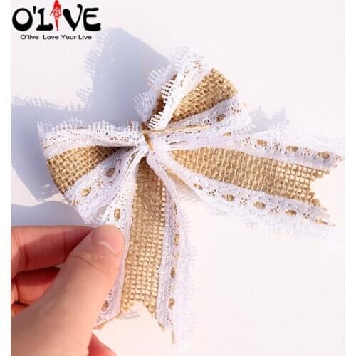 12 Pcs Natural Jute Burlap Bow Lace Border Ribbon Trim Rustic Wedding Party Decoration Gift Box Packaging DIY Decorative Bowknot