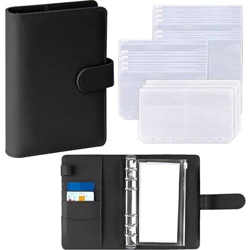 17 Pcs A6 PU Leather Binder Cover with Plastic Pockets Loose Leaf Bags 6 Ring Cash Budget Envelopes System